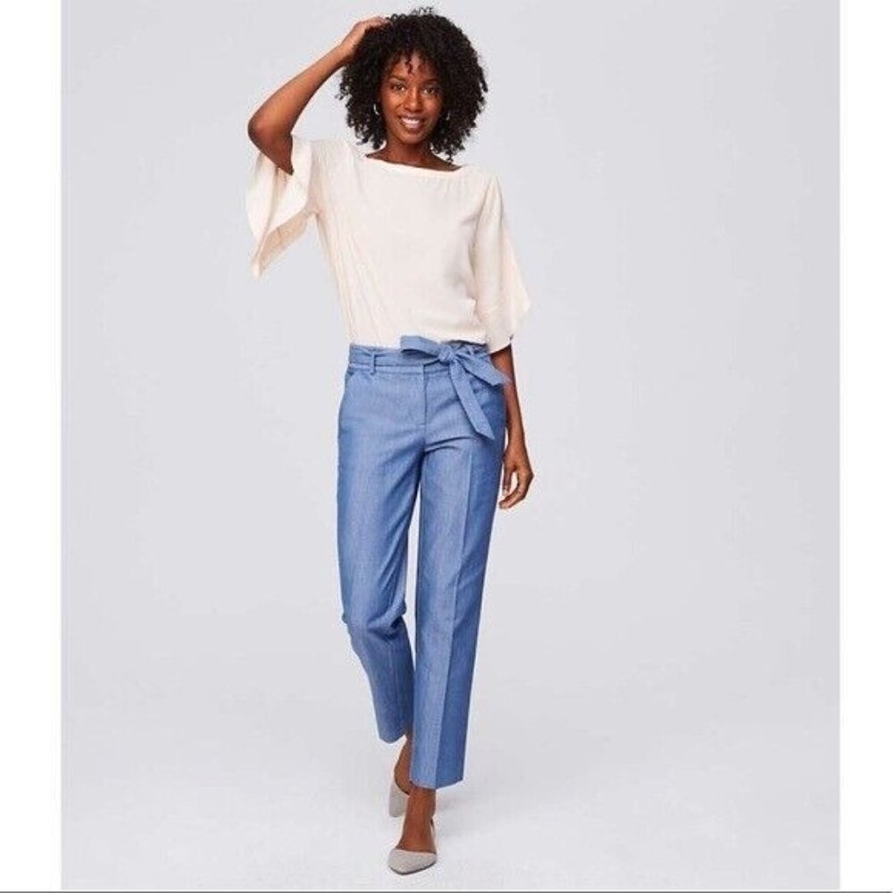 LOFT Pants Blue Chambray Taper Relaxed Slim Straight Tie Waist - Picture 3 of 10